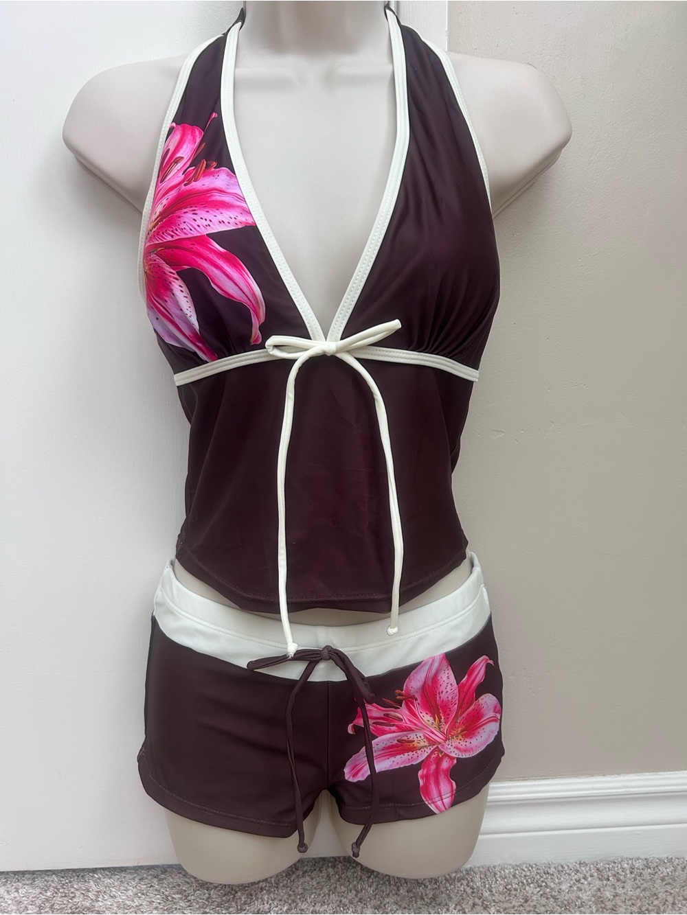 Brown Halter Tankini with Pink Floral Accent